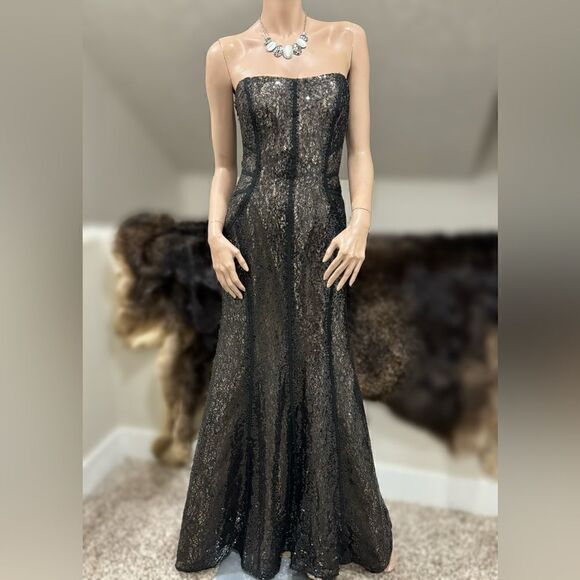 Black Stunning Sequined Floral Lace Mermaid Gown - Picture 1 of 15